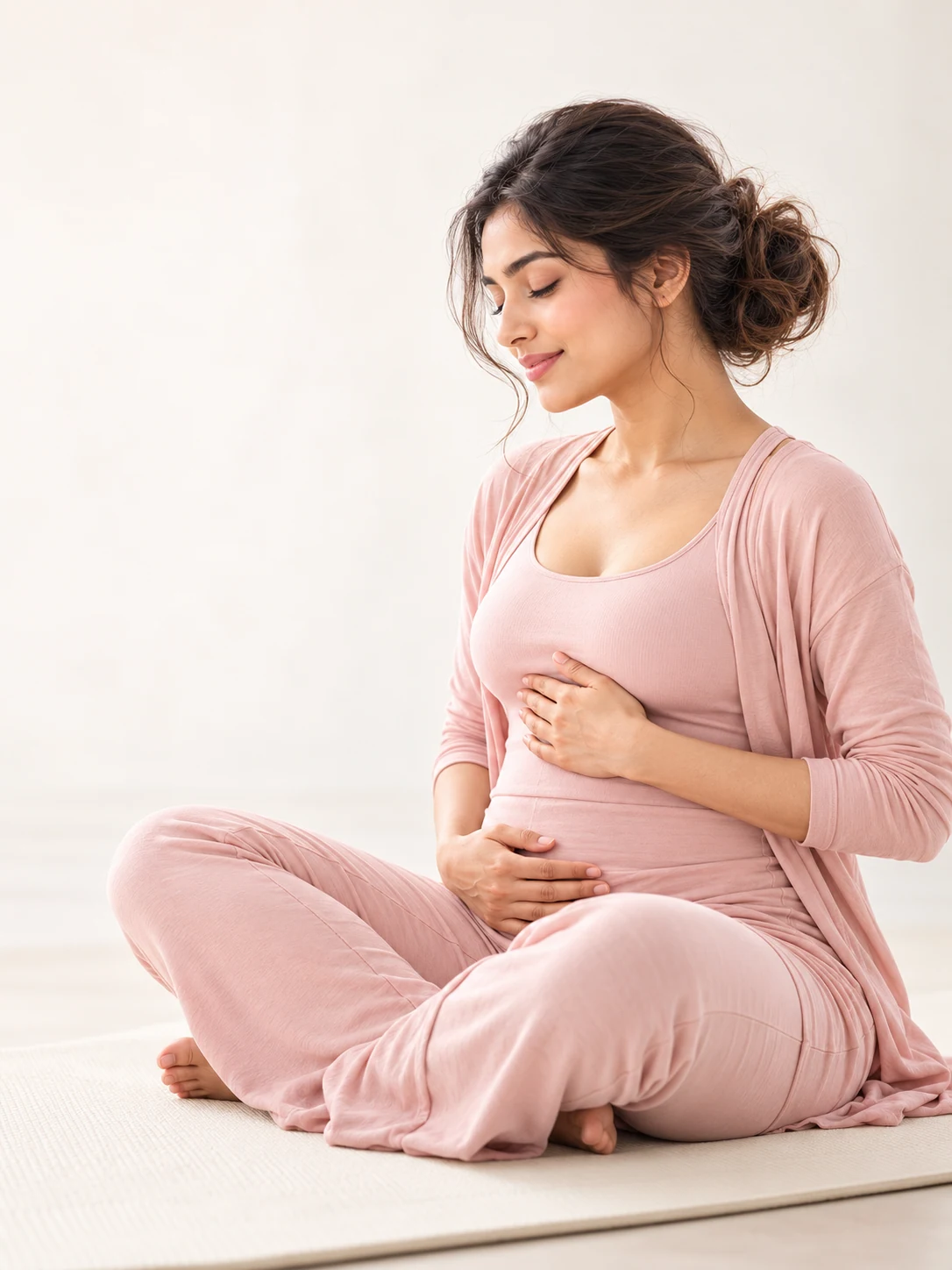 Mother practising gentle breathing during postpartum physiotherapy