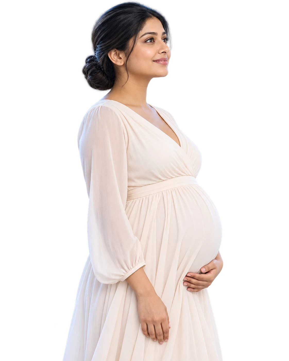 Pregnant woman standing in side profile